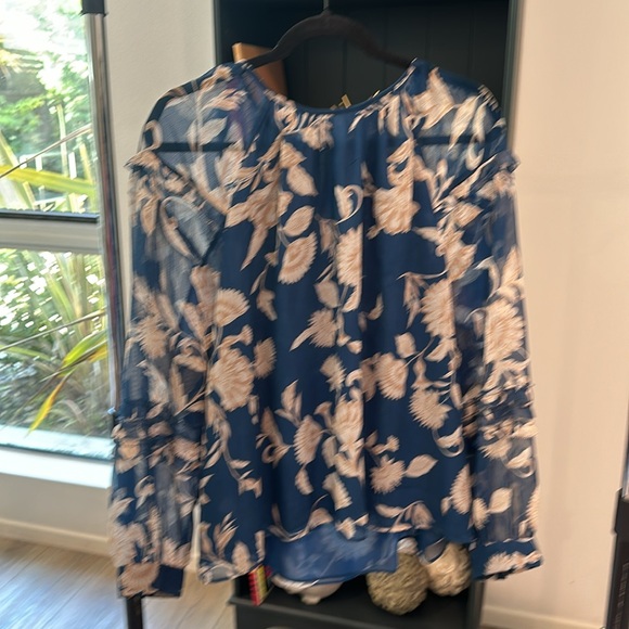 XXL teal w/cream floral Ann Taylor blouse one button cuff long sleeve scoop neck - Picture 2 of 12